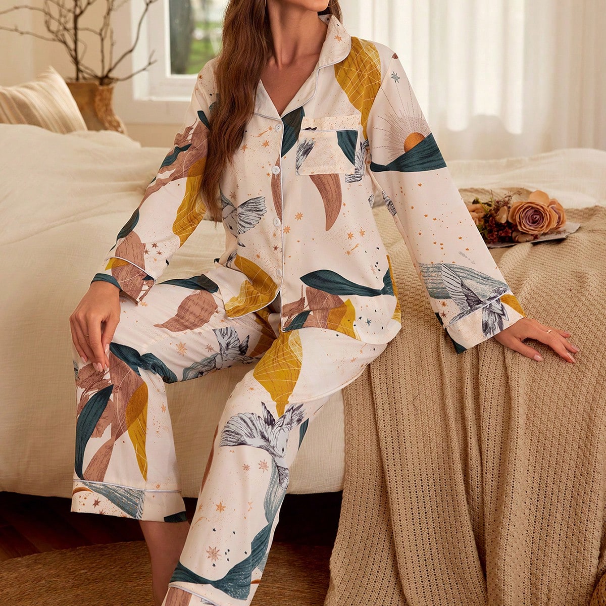 Conjunto de pijama con estampado de pájaros y plantas en el bolsillo delantero, ropa de temporada de otoño e invierno