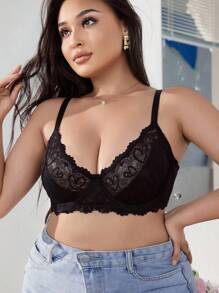 Cộng với đồ lót áo ngực có dây buộc ren hoa màu đen - màu đen - Xem 1