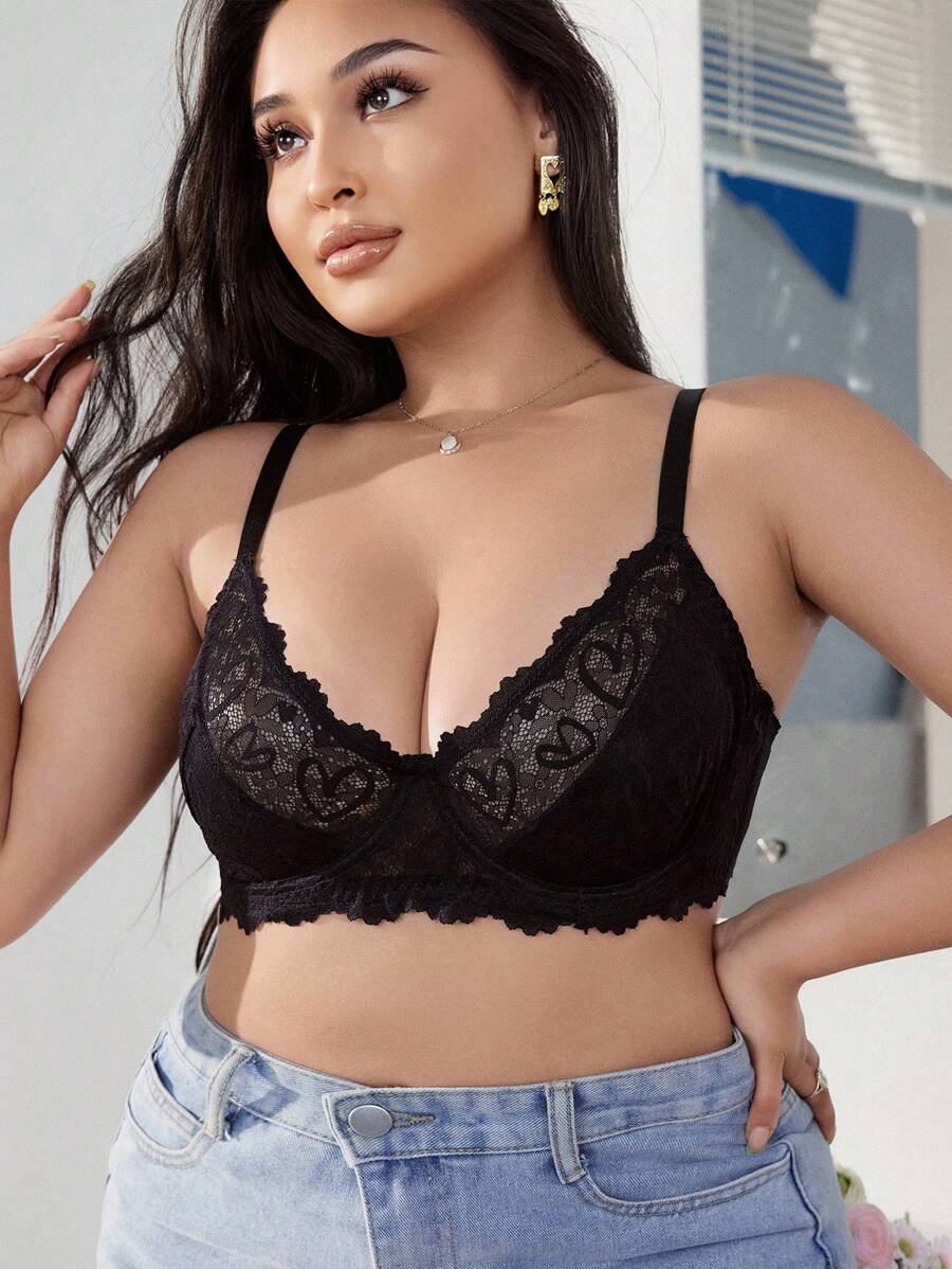 Cộng với đồ lót áo ngực có dây buộc ren hoa màu đen - màu đen - Xem 1