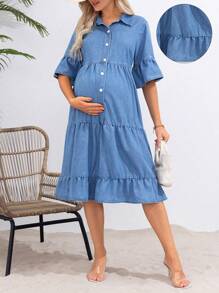 SHEIN Maternity Casual-Fit Denim Dress With Ruffle Hem And Layered Design, Blue - Blue - View 1