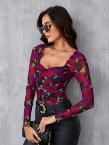 SHEIN Clasi 花卉圖案荷葉邊雞心領連身衣 - 彩色 - 查看 4