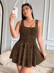 SHEIN EZwear Plus Size Summer Fashion Leopard Print Sleeveless Drawstring Jumpsuit - Brown - View 5