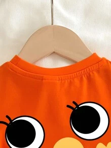 SHEIN 可爱卡通笑脸印花橙色短袖圆领 T 恤，女婴休闲简约夏装，背面为棉质 - 橘色 - 查看 3