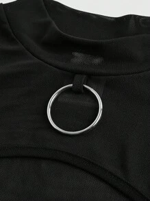 ROMWE Goth Blusa de malla para mujer con cordón en la cintura y mangas acampanadas con agujeros para mirar - Negro - Ver 3