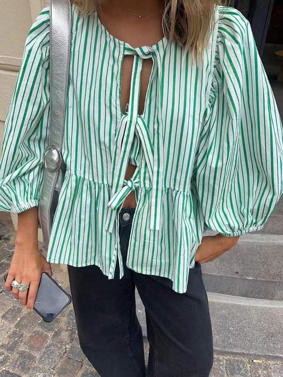 INAWLY Camicia da donna taglie forti con stampa a righe, semplice con maniche lunghe per l'uso quotidiano - Verde - Visualizzare 1