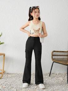 Quần jeans cargo cạp cao, túi nắp, ống loe bên hông, phong cách Y2K dành cho bé gái tuổi teen, thích hợp mặc đi xem hòa nhạc mùa hè. - màu đen - Xem 4