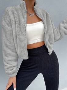 Chiquease Drop Shoulder Zip Up Teddy Jacket Fall Winter Cloth For Women - Grey - View 6