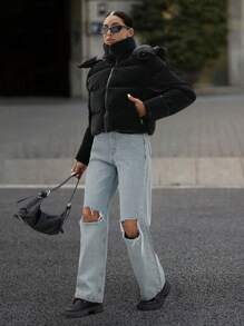 EURMUSE Zip Up Flap Pockets Padded Jacket With Hood - Black - View 3