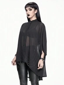 ROMWE Goth 女式休閒單排扣透視蝙蝠袖上衣