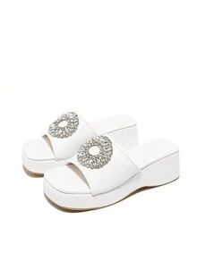 Women's Chunky Heel Peep-Toe Slip-On Rhinestone Shiny Mule Sandals, Breathable Casual Platform Wedge Summer Shoes, White