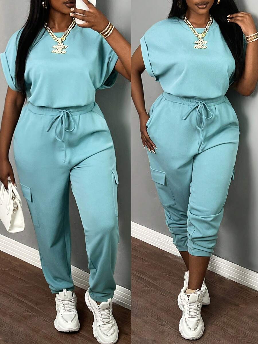 Slaydiva 加大尺碼女士夏季透藍色短袖上衣和褲子套裝-藍色 - 淺藍色 - 查看 1