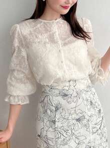 FRIFUL Áo sơ mi dài tay jacquard trơn màu thanh lịch, Xuân/Hè, nhún bèo - Màu be - Xem 1