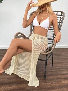 SHEIN Swim 夏季優雅空心鉤針裙，沙灘浪漫假期 - 杏色 - 查看 6
