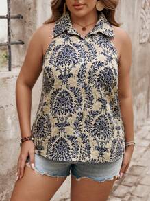 SHEIN Frenchy Plus Size Allover Print Front Button Sleeveless Shirt, Summer - Multicolor - View 4