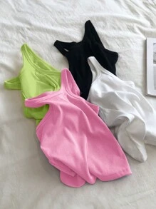 INAWLY Áo ba lỗ chắp vá có túi màu trơn mùa hè dành cho nữ, Áo cổ tròn không tay thông thường - Nhiều màu - Xem 2