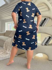 Plus Size Cute Bear Printed Sleeping Pajama Dress - Navy Blue - View 2