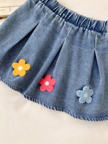 SHEIN 3-teiliges Modisches Tops-Set für Baby Mädchen, bestehend aus Denim-Träger-Top, Handtuch-besticktem Blumentop und niedlichem Denim Rock - Verschiedenfarbig - Übersicht 5