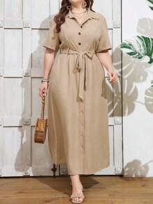SHEIN LUNE Plus Size Solid Color Resort Style Front Button Maxi Shirt Dress For Leisure