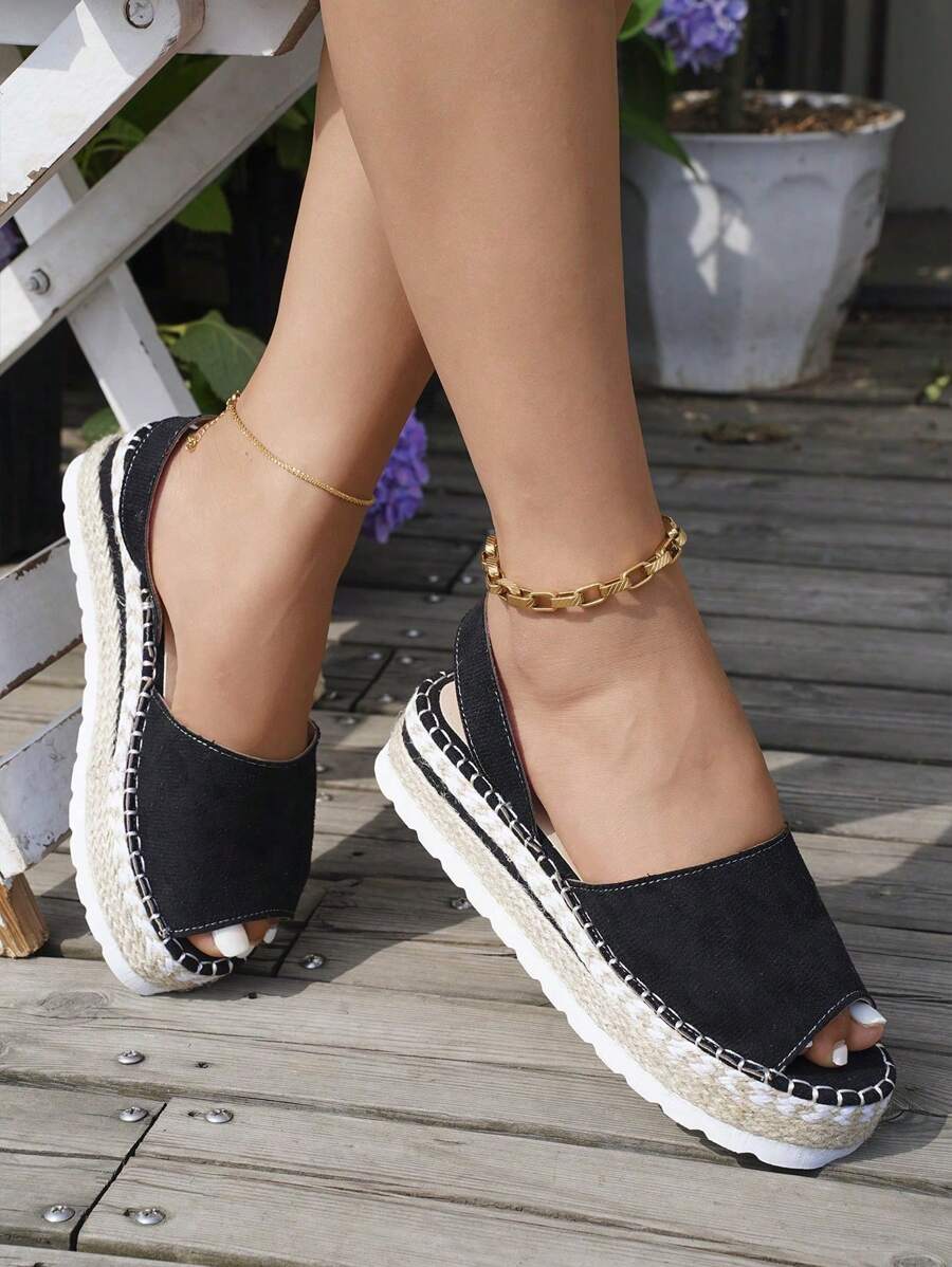 女士厚底坡跟凉鞋，夏季新款踝带露趾编织厚底凉鞋，大码，旅行必备