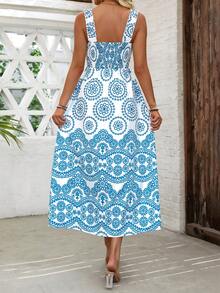 Breezaya 女款復古花卉緞條波西米亞收縮夏日連衣裙 - 藍白色 - 查看 2