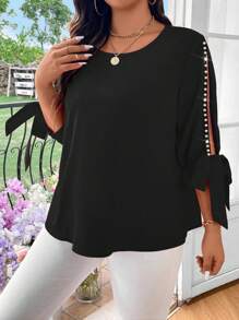 EMERY ROSE Blusa elegante y casual de mujer talla grande, de tejido sólido, con hombros descubiertos y lazo de perlas - Negro - Ver 6