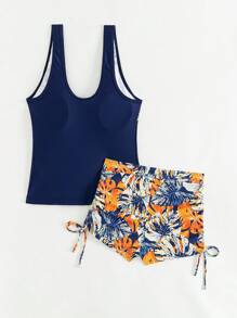 SHEIN Swim Lushore 夏季女士印花拼接分体泳衣（配平角裤） - 藏蓝色 - 查看 2