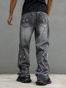 Quần Cargo phong cách Grunge Goth Y2K dành cho nam có miếng vá hình ngôi sao năm cánh, túi ống đứng, quần jeans dáng rộng thoải mái dạo phố - Xám - Xem 3
