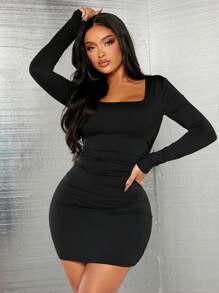 SHEIN SXY Đầm dài tay đơn giản hàng ngày dành cho nữ cỡ lớn - màu đen - Xem 4