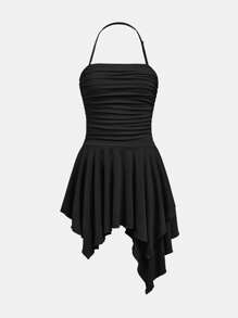 SHEIN Teen Girl Knitted Solid Color Short Dress With Anti-Glare Shorts, Ruched And Asymmetrical Hem, Halter Neck Design
