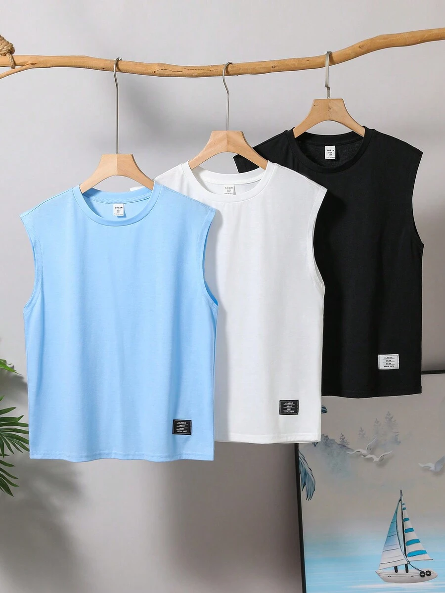 SHEIN 3pcs/Set Tween Boy Casual Street Style Solid Color Letter Graphic Crew Neck Loose Fit Sleeveless Knit Tank Top, 3 Colors,Kids - Baby Blue - View 1