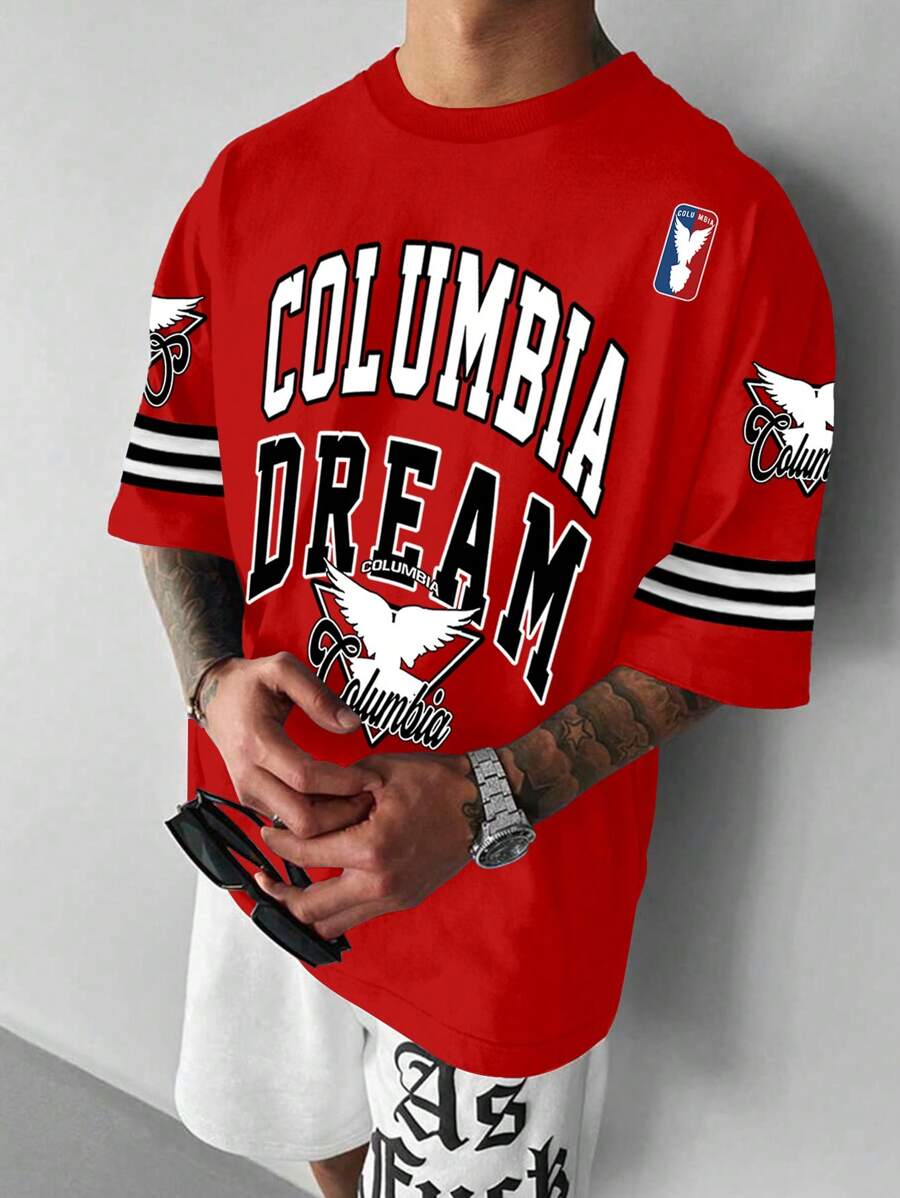 Manfinity Homme 男士大尺碼夏季字母條紋印花圓領休閒短袖T恤 - 紅色 - 查看 1