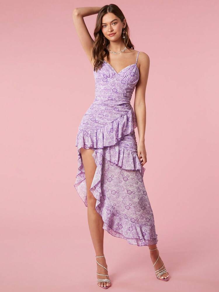 Women's Digital Printed Summer Sleeveless Spaghetti Strap Dress With Asymmetric Hem
