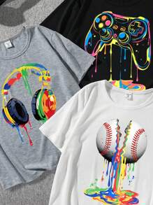 SHEIN Ensemble de trois pièces de casque audio, de baseball et de consoles de jeu, T-shirt décontracté et simple à col rond imprimé de dessins animés adapté aux garçons préadolescents en été - Multicolore - Voir 3