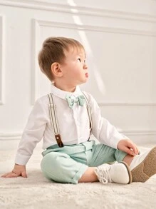 Souflis Souflis 嬰兒男孩優雅西裝，長袖襯衫，套裝吊帶褲，蝴蝶結，可愛的學院風格 - 綠色 - 查看 5