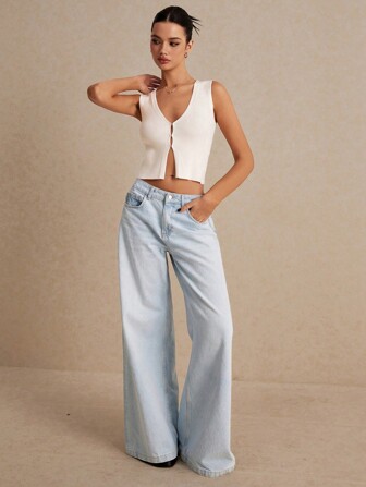 Poéselle 女式夏季休闲纯色无袖针织上衣简约背心开襟背心下摆开衩白色背心夏季 V 领米色背心度假开衫假日上衣秋冬 V 领不对称下摆