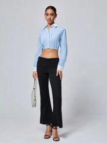 Femmeiva Versatile Commuting Fashion Scholar Style Color Block Collar False Pocket Decor Long Sleeve Pleated Hem Women Shirt Fall Cloth For Women - Blue - View 4