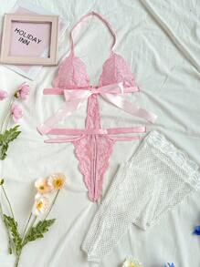 SHEIN Ladies' Sexy Fashion Lace Bodysuit - Pink - View 1