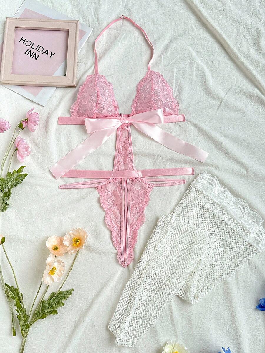 SHEIN Ladies' Sexy Fashion Lace Bodysuit - Pink - View 1