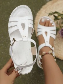 Sandalias elegantes de tacón alto francés huecas y transpirables para mujer en verano para ocasiones casuales - Blanco - Ver 5