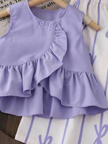 Young Girl Solid Color Round Neck Sleeveless Top With Ruffled Hem And All-Over Print Long Pants Summer Two-Piece Set