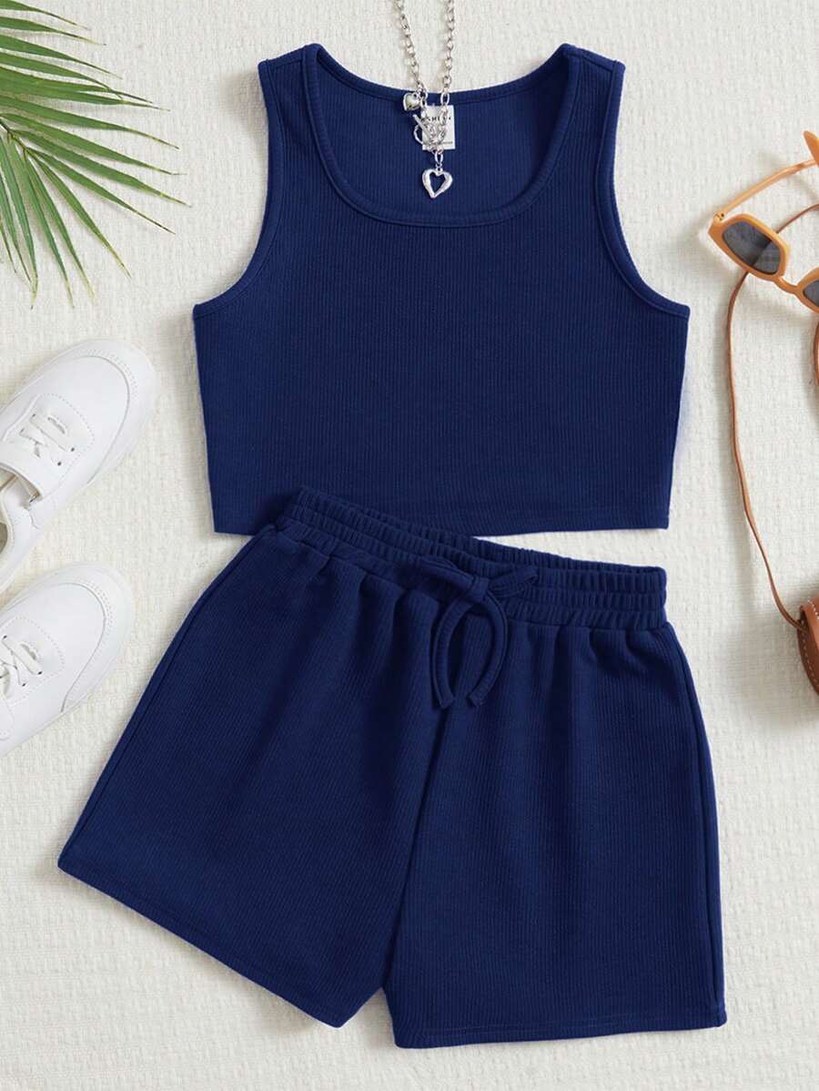 SHEIN Tween Girl Knit Textured Top And Shorts Casual Set - Navy Blue - View 1