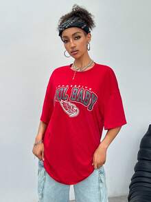 SHEIN Coolane Women's Summer Back To School Basketball Game Letter Printed Oversized Drop Shoulder Sleeve T-Shirt - Red - View 5