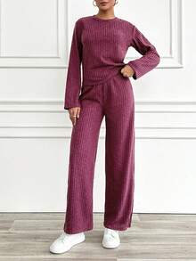 RueChic Đồ đan Ribbed Tay áo dài Áo thun Và Quần Nhà  Mặc Bộ đồ - Màu Đỏ Sâu - Xem 5