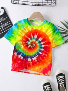 SHEIN Camiseta Casual de Tie-Dye com Impressão de Arco-Íris, Caimento Solto, Manga Curta, Adequada para o Verão, para um Garoto Jovem