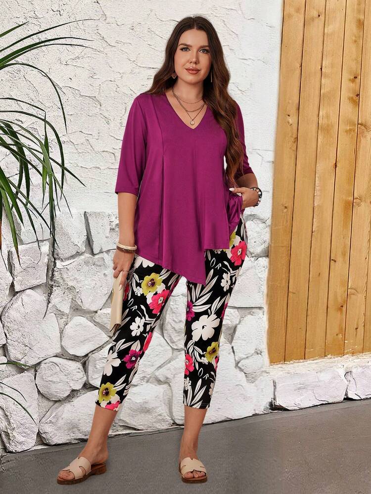 플러스 사이즈 여성용 티처 복장 캐주얼 여름 드레스 단색 브이넥 반팔 상의와 꽃 프린트 캐주얼 롱 팬츠 여름 휴일 두개의 세트
