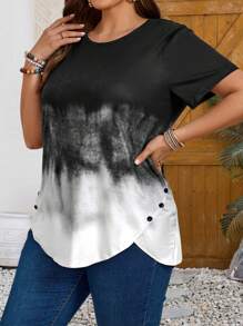 EMERY ROSE Plus Size Women's Short Sleeve Black And White Ombre Printed T-Shirt, Summer