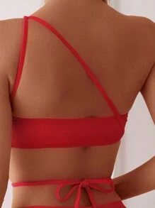 SHEIN Swim Women's Summer Beach Solid One-Shoulder Cut Out 3D Flower Decoration Top & Bikini Bottom Sexy Red Bikini Set - Red - View 5