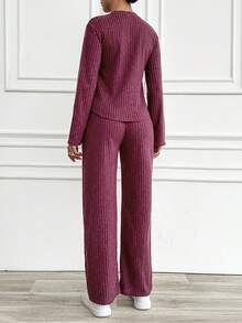 RueChic Đồ đan Ribbed Tay áo dài Áo thun Và Quần Nhà  Mặc Bộ đồ - Màu Đỏ Sâu - Xem 2