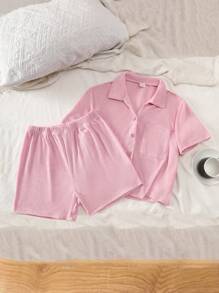 青少年女孩夏季休閒純色短袖短褲家居服套裝 - 粉色 - 查看 1