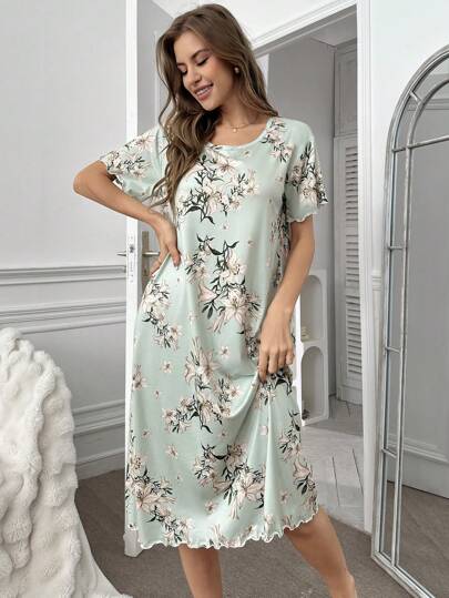 Bloemen Printed Short Sleeve Shirt Sleep Dress Pajama Dress, Perfect Moo view 5
